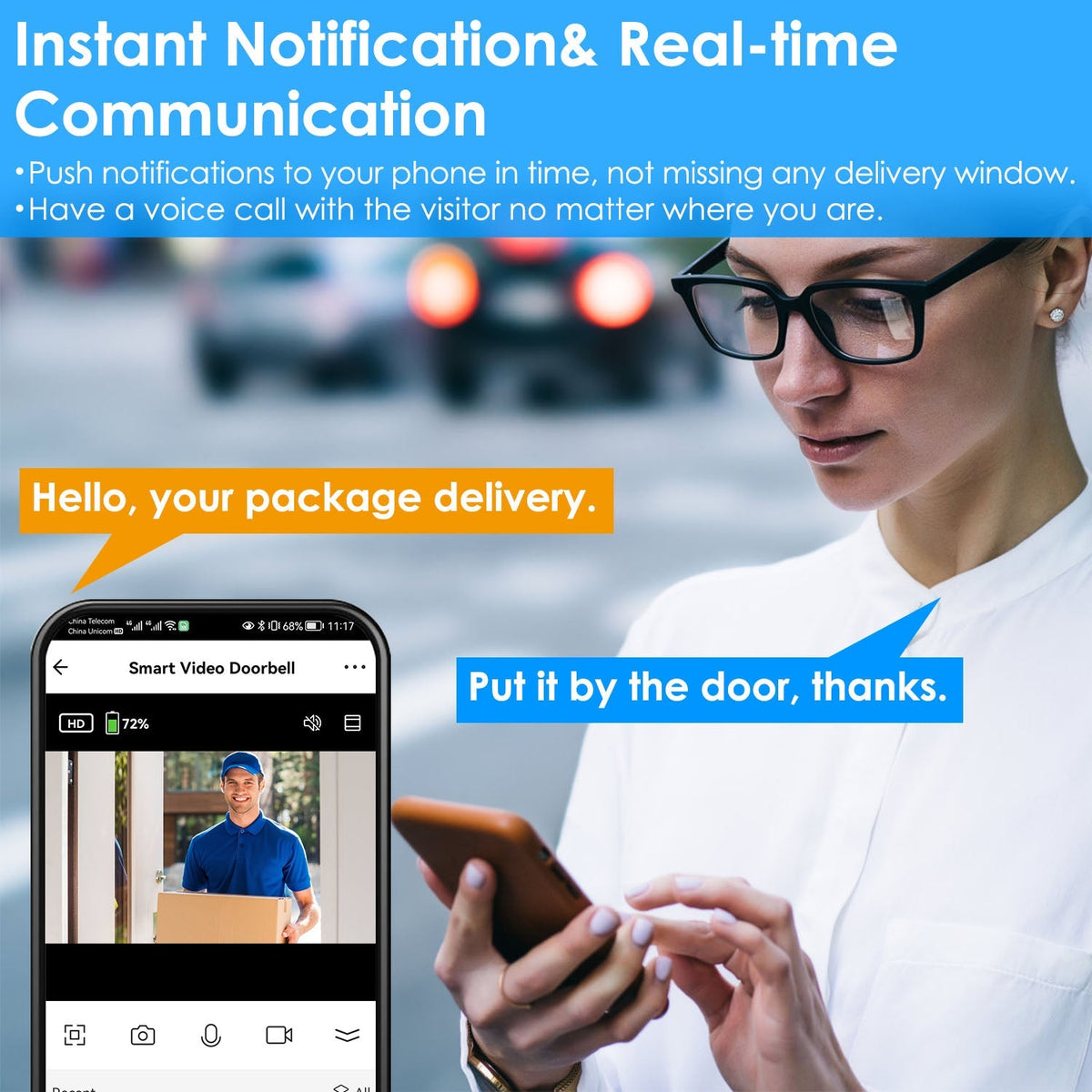 Wireless Smart Wi-Fi Video Doorbell Security Phone Doorbell Intercom Camera Two Way Audio Night Vision Compatible with Alexa Google Assistant