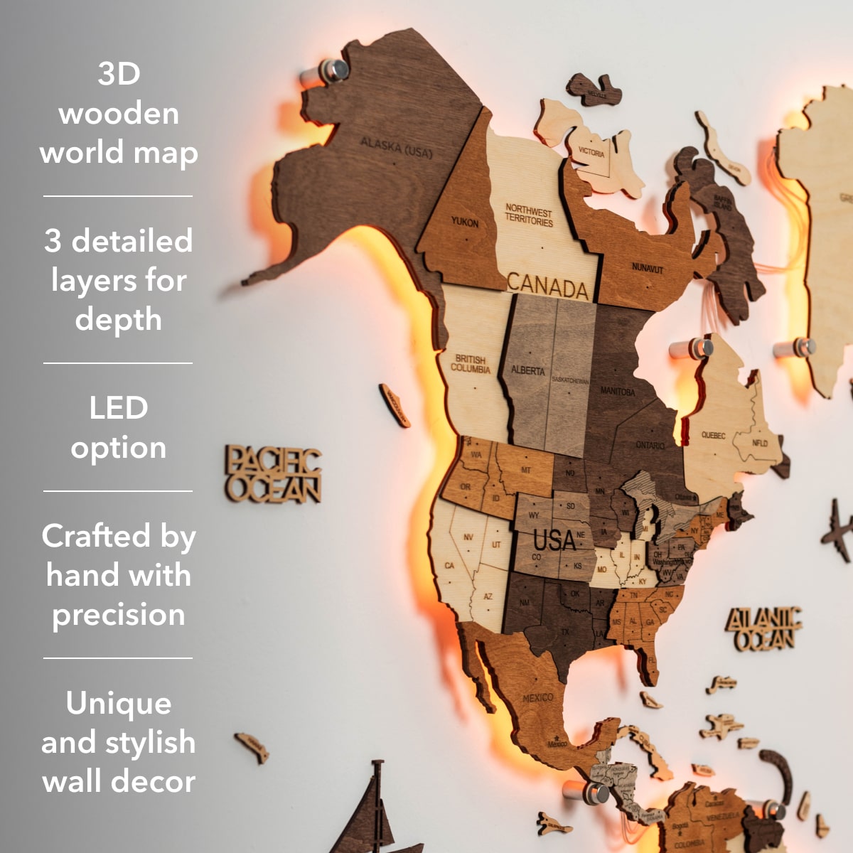 3D LED Wooden World Map 3.0 Multicolor (B2B)