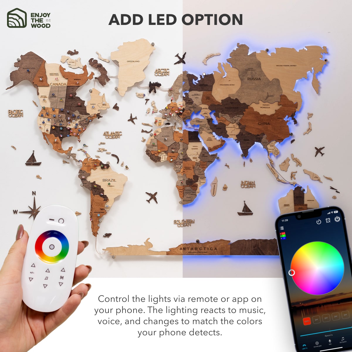 3D LED Wooden World Map 3.0 Multicolor (B2B)