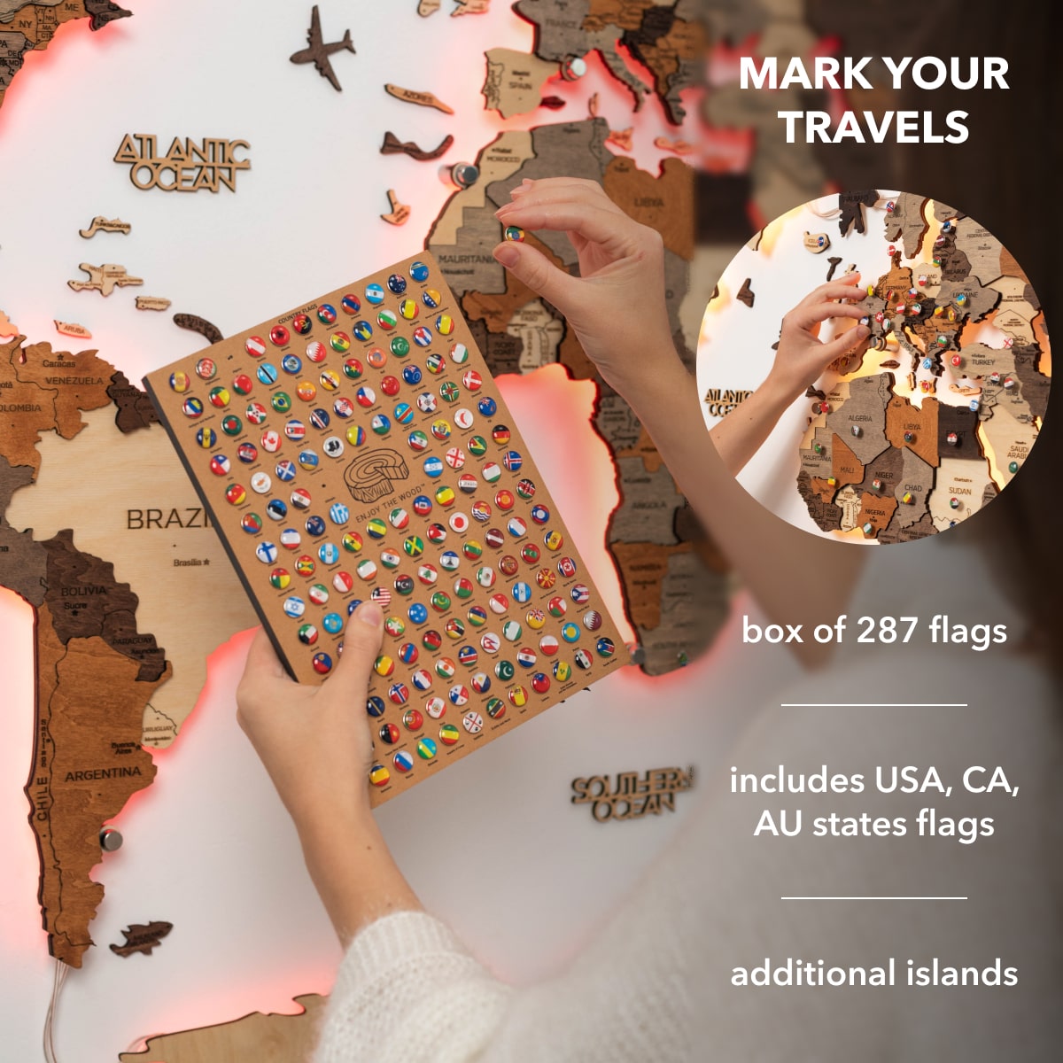 3D LED Wooden World Map 3.0 Multicolor (B2B)